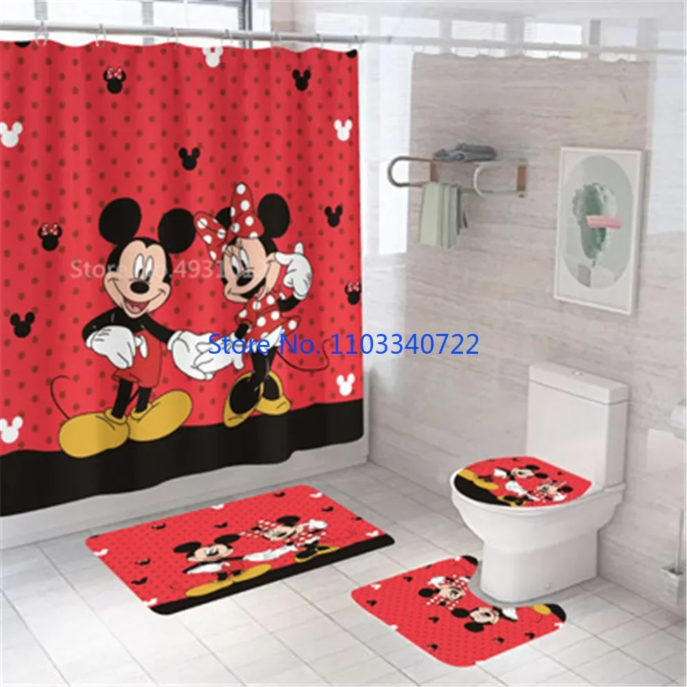 

Anime Pink Mickey Minnie Mouse Love Bath Shower Curtain Set 4pcs with Hooks Cartoon Decor Waterproof Bathroom Toilet Mat Lid