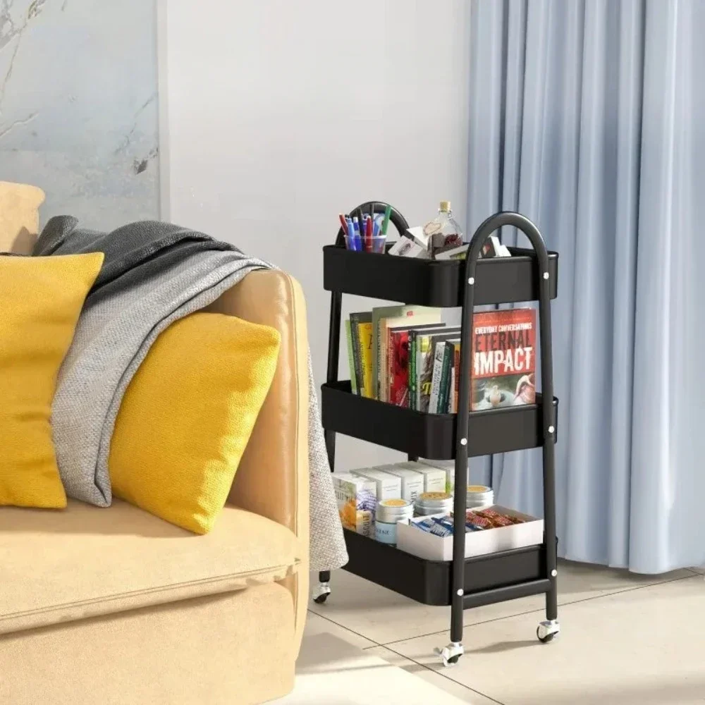 3 Tier Rolling Cart Mobile Utility Metal Storage Rack Multifunctional High Capacity Snack Storage Trolley Kitchen Organizer Rack