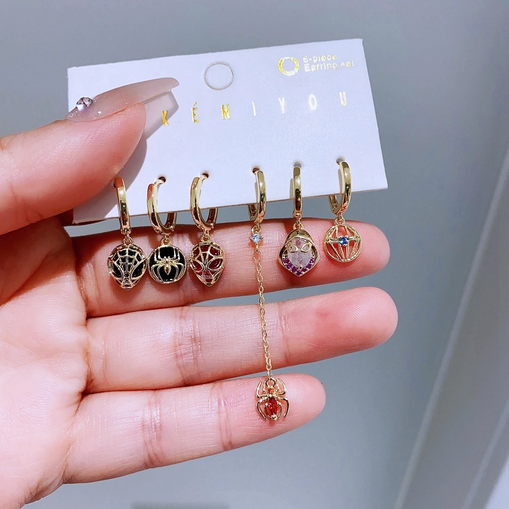 6pcs/set Cool Cubic Zircon Spider Hero Huggie Earrings Gold Color Women Girls Ear Stack Jewelry 5