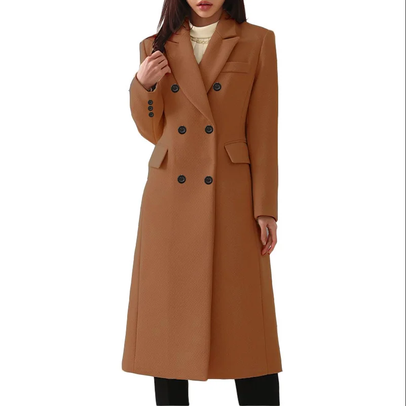 Officewear Casual Women Jackets Fashion Ladies Wool Loose Outwear Elegant Lapel Solid Double-breasted Coats For Autumn Winter
