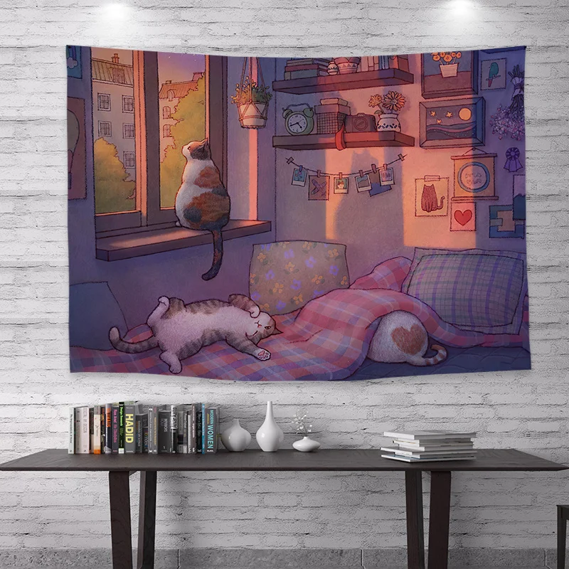 

Tapestry Korean Illustration Cat Background Hanging Cloth Ins Girl Healing Dormitory Bedside Decoration Decorative Wall Tapestry