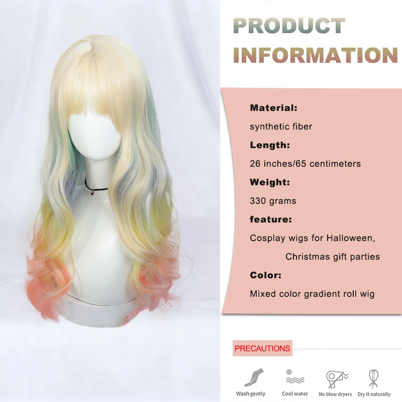 LUPU 26inch Women's Rainbow Long Hair Wave Wig Blonde Blue Orange Pink Curly Synthetic Wig, Cosplay Party (Multicolor)