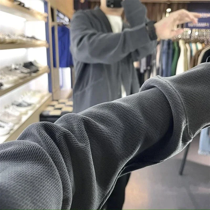 Description Picture 4 of itemNo Hoodie Black V Neck Men's Clothing Cardigan Knit Sweater Male Loose Fit Free Shipping Y2k Vintage Korean Style New in Overfit