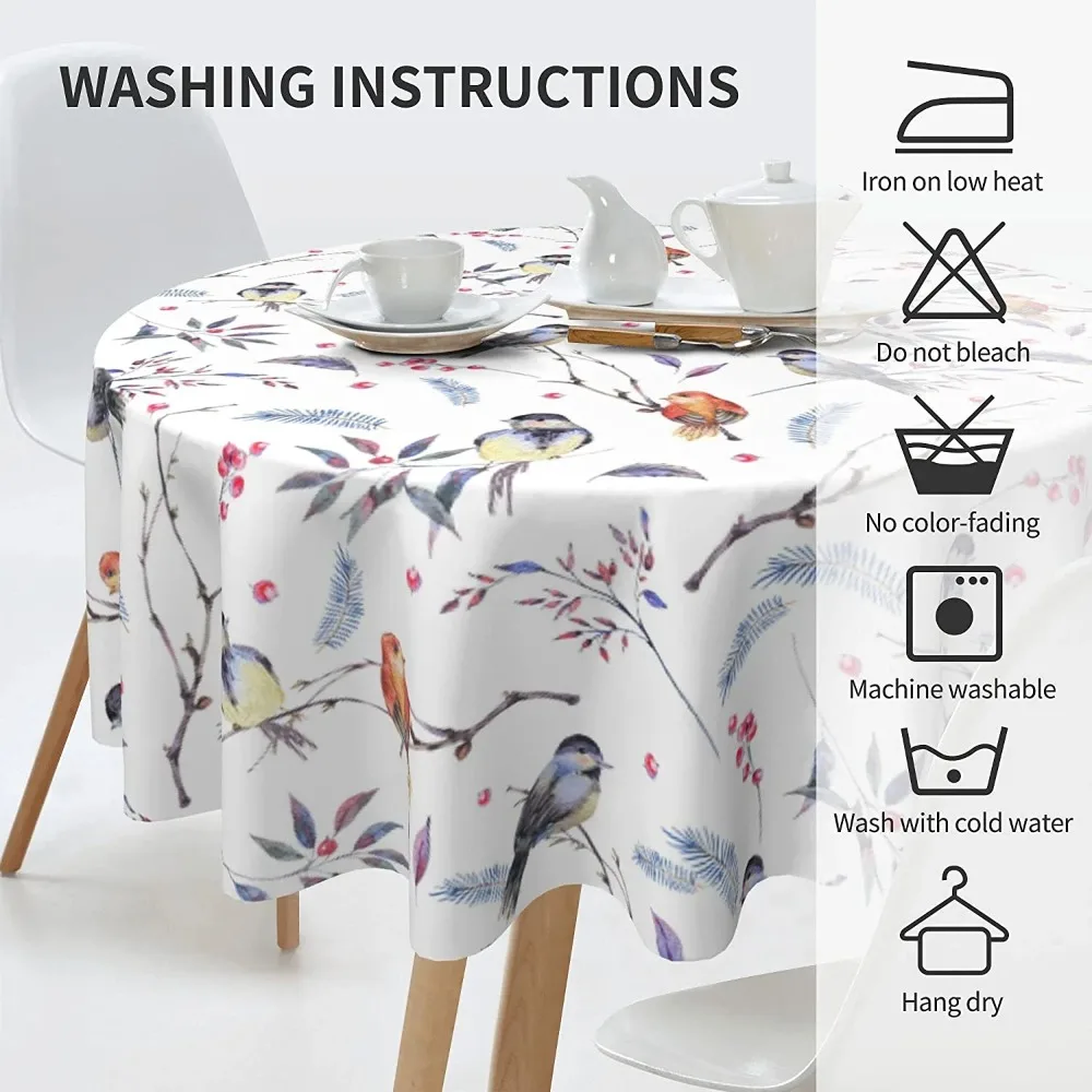 Color Bird Tablecloth Watercolor Birds Round Tablecloth 60 Inch Waterproof Dining Table Cloth Wrinkle Resistant Table Cloths