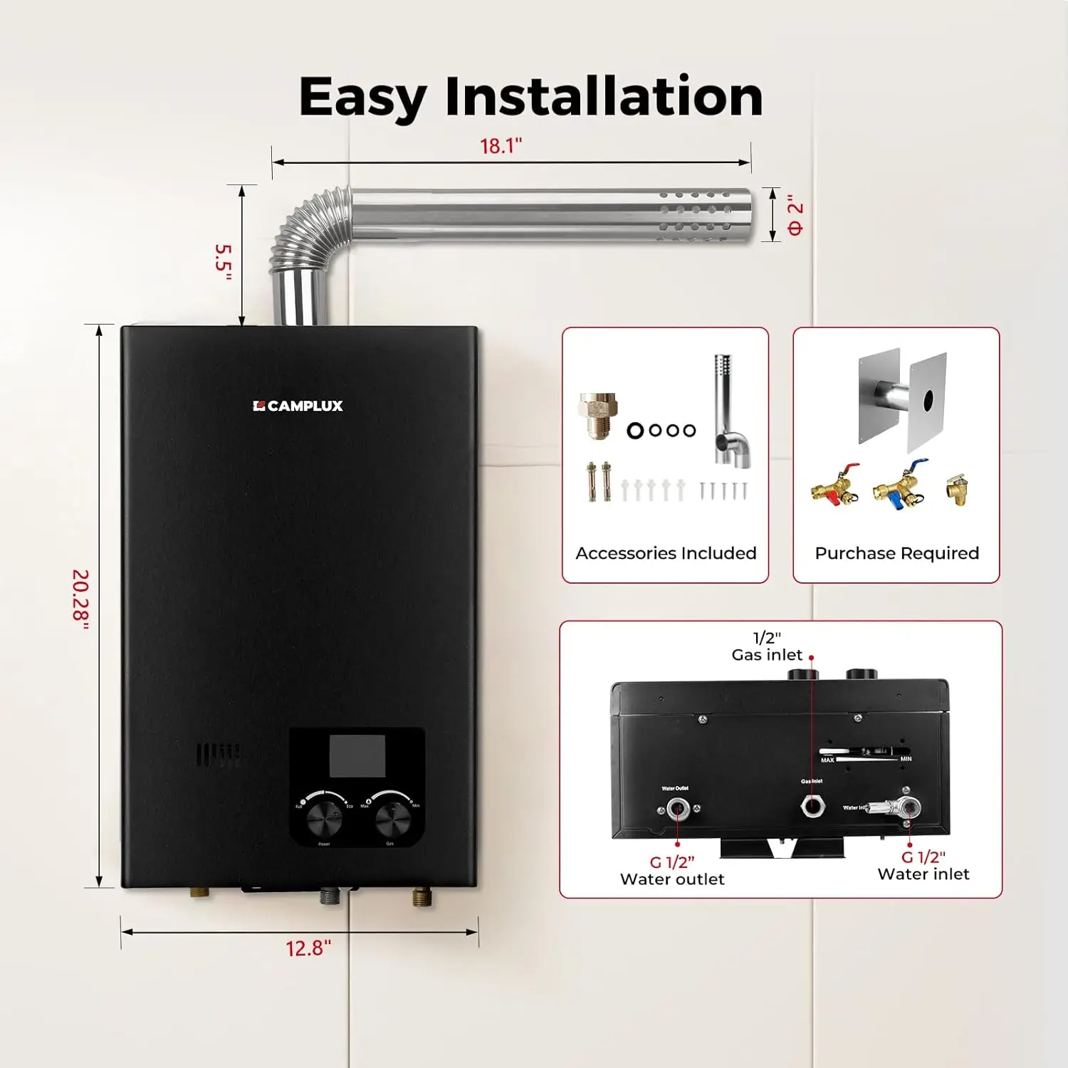 Gas Tankless Heater Indoor, 2.64 GPM, CM264 Propane Tankless Water Heater, 68,000 BTU On Demand Instant Hot Water Heater, Black
