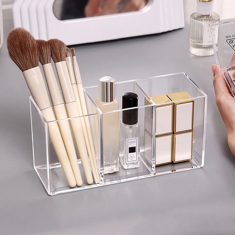 1PC Clear 3 Grids Makeup Brush Organizer Storage Lipstick Nail Polish Display Stand Holder Desk Stationery Pen Holder Makeup Organizer Pen Holder Makeup Storage Box Cosmetic Storage Box