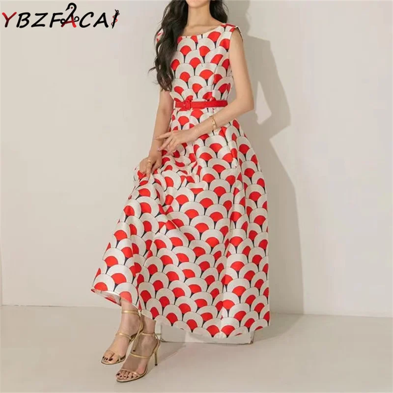 

Women Sleeveless Print Dress High-End Party Ball Red Long Dress 2022 Fashion Runway Slim High Waist Swing A-Line Dress With Belt