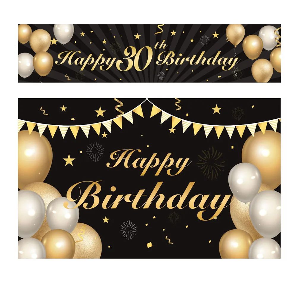 

2Pcs Black Gold Happy Birthday Backdrop Decor for Adult Children 30th Birthday Banner Garland For Party Supplies Photo Props