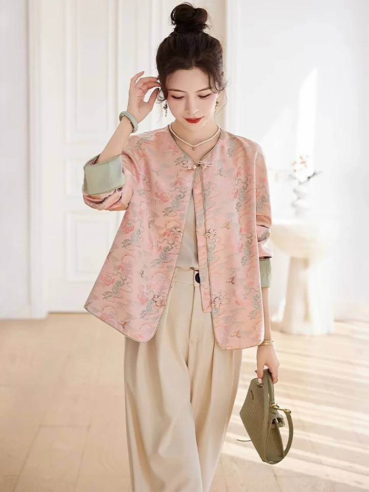 BEBE NOBLE 가을을위한 인쇄 슬리밍 연령 감소 캐주얼 탑과 여성을위한 우아한 중국 스타일 자켓