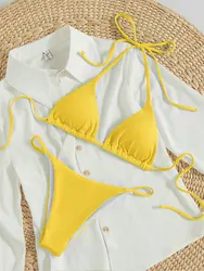Elegant Solid Halter Bikini Set with High-Waisted Lace-Up Design - M (Yellow)
