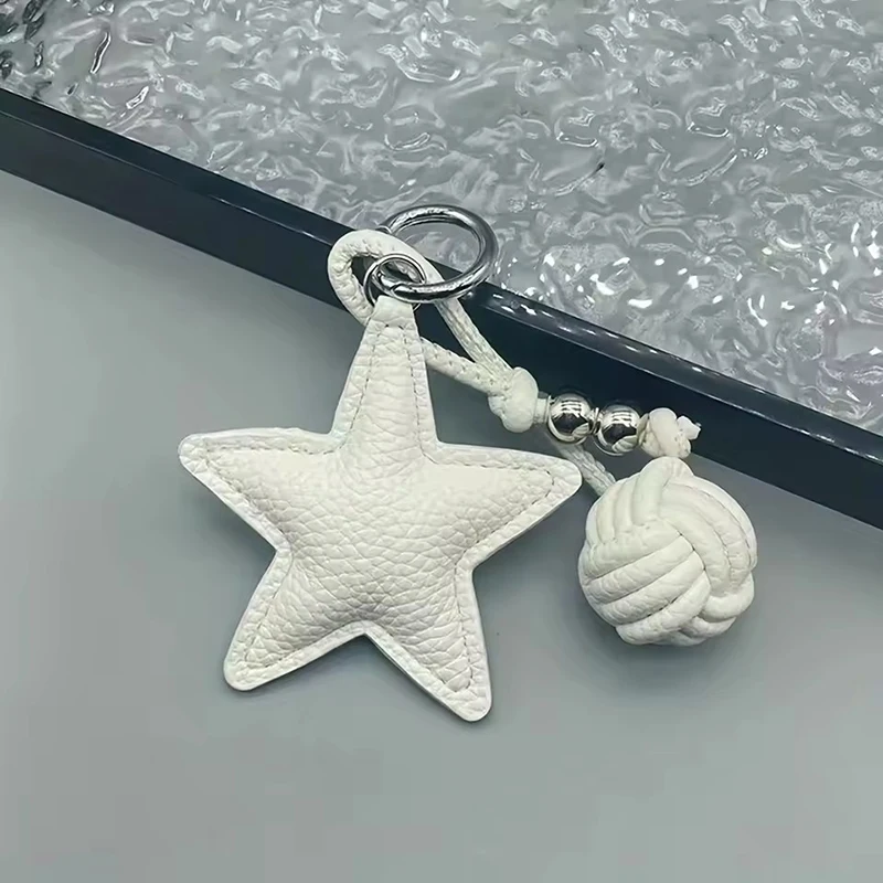 Leather Star Keychain Pentagram Car Keyring with Woven Leather Rope Ball Pendant Creative Bag Pendant Decoration for Women