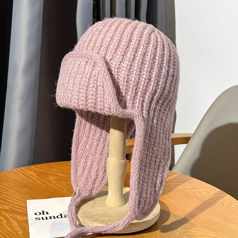 Solid color warm ear protection knitted hat for children in autumn and winter with tied wool hat, fashionable thickened hat 4