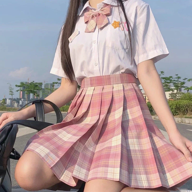 

Japanese Schoolgirl JK Uniform Plaid Skirt Kawaii Preppy White Shirt Cute Sexy High Waist Pink Pleated Skirt