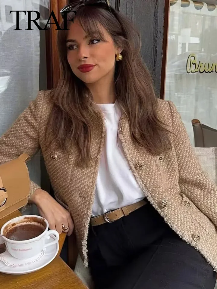 Veste Cape Femme Automne-Hiver En Tweed - Col Montant, Bouton Et Ceinture - Style Rétro Élégant Pour Bureau Ou Décontracté