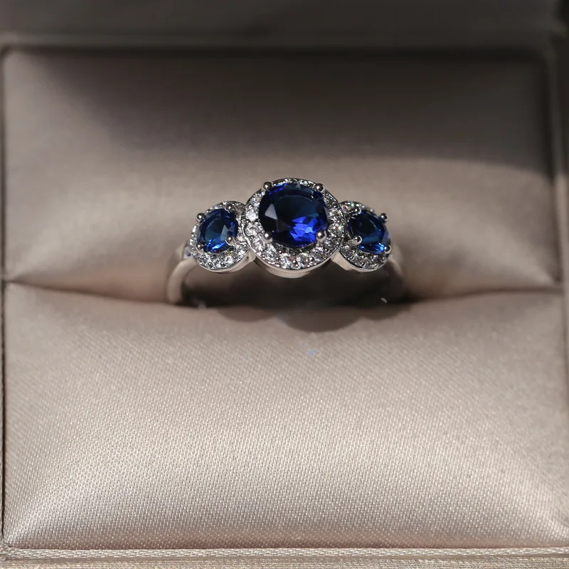 Wedding Rings Women 925 Sterling Silver Luxury Big Round Blue CZ Fine Jewelry Gift
