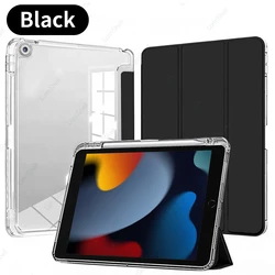 Transparent iPad Case with Pencil Holder and Tri - Folding Leather Cover (Black)