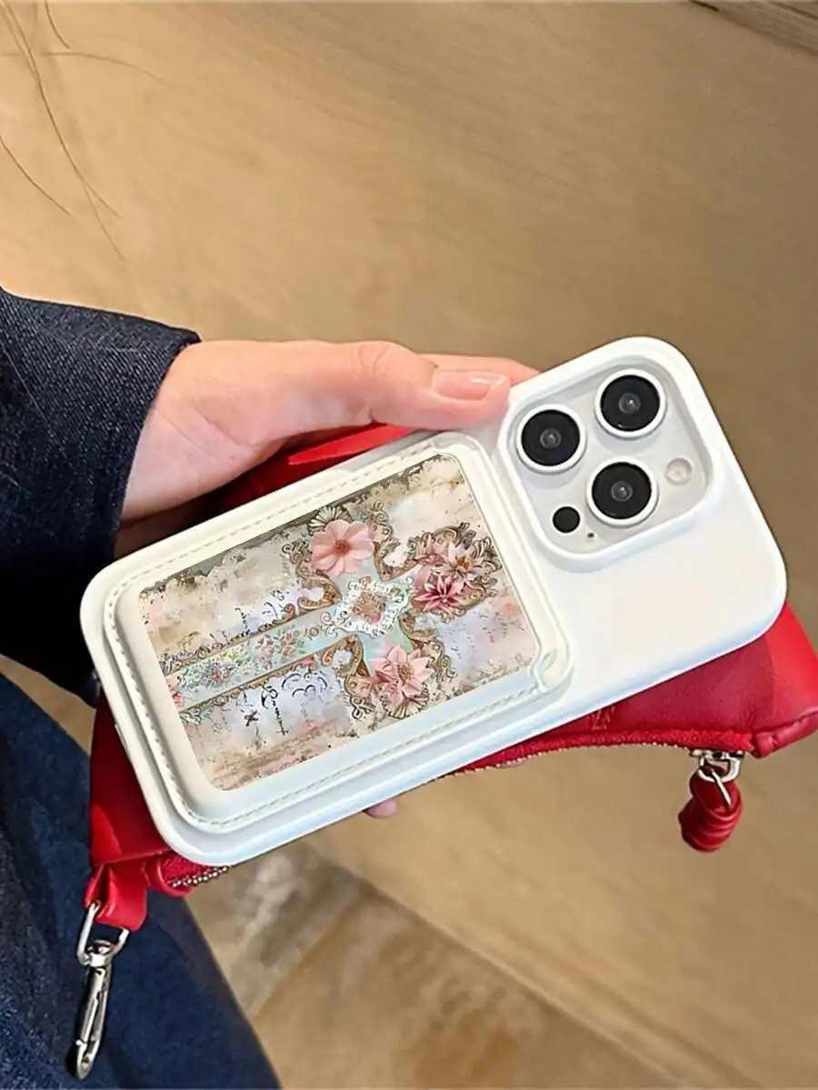 Floral Cross Pattern Magnetic Wallet iPhone 16 15 14 13 12 Pro Max Plus