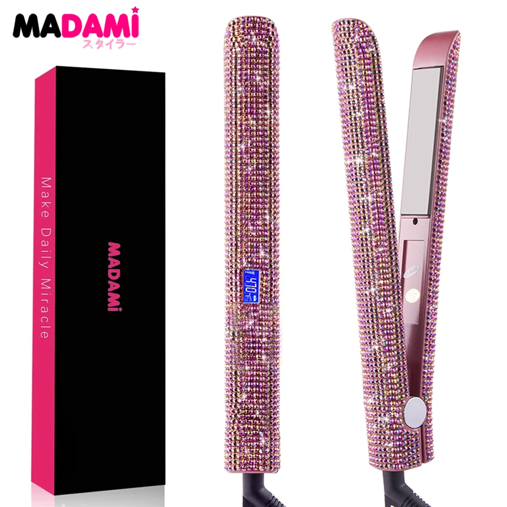 Rhinestones Hair Flat Iron Floating Titanium Plate Hair Straightener 470°F MCH Fast Heating LCD Display 1 Inch Curling Irons