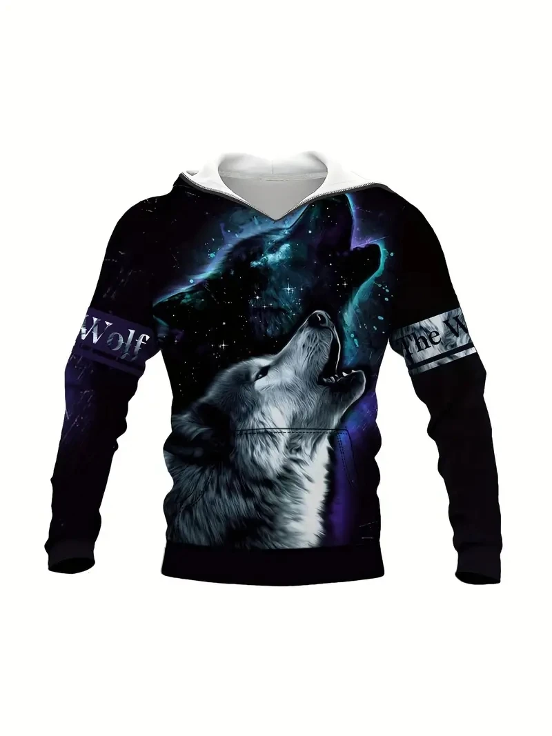 Men Clothing ,Wolf Graph 3D Print Men's Hoodie ,CasuaPullover Hooded Sweatshirt, Sporty Outdoor Apparel