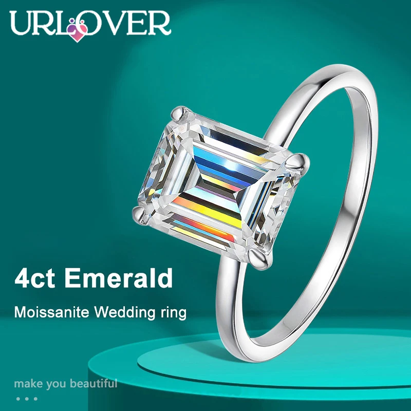 

URLOVER 8*10mm 4ct Emerald Moissanite Ring s925 Sterling Sliver Plated 18k White Gold Wedding Band Engagement Rings For Women