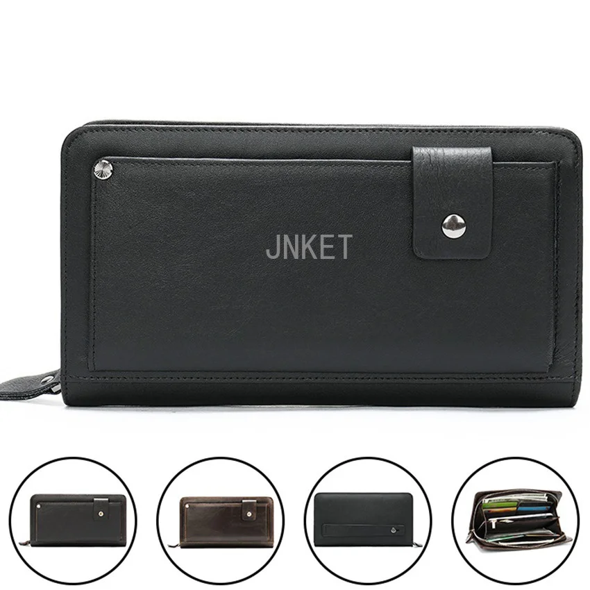 Retro Men's Cow Leather Wallet Long Zipper Clutch Bag Money Clip Large Capacity Wallet