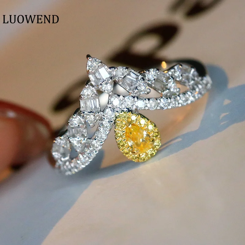 LUOWEND 18K White Gold Rings Real Natural Yellow Diamonds 0.55carat Vintage Crown Style Rings for Women High Engagement Party