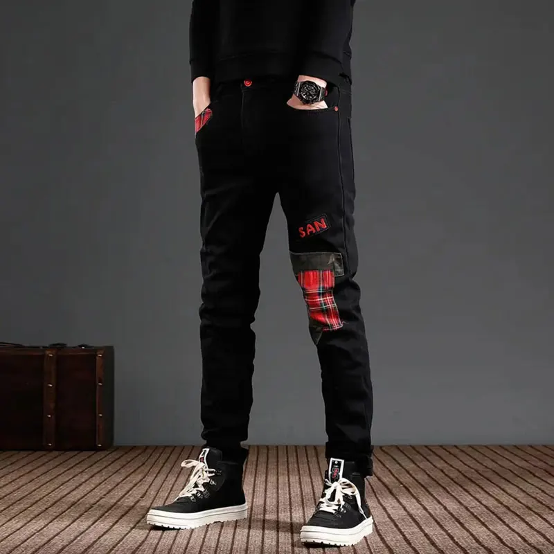 Street Fashion Men Jeans Black Stretch Skinny Fit Vintage Ripped Jeans Men Patched Designer Hip Hop Denim Pencil Pants Hombre