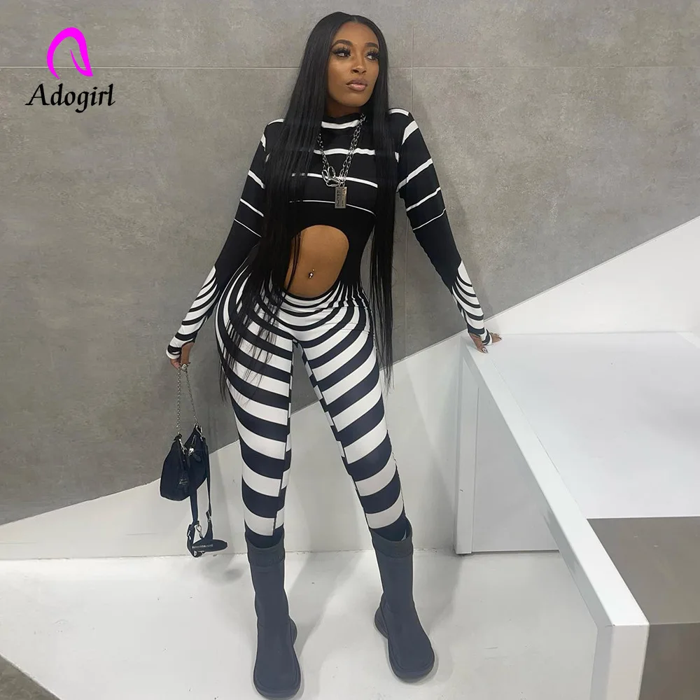 Stripes Printed Women Rompers Long Sleeve Mock Neck Skinny Jumpsuits 2022 Autumn High Street Sexy Hollow Out Night Club Outfits