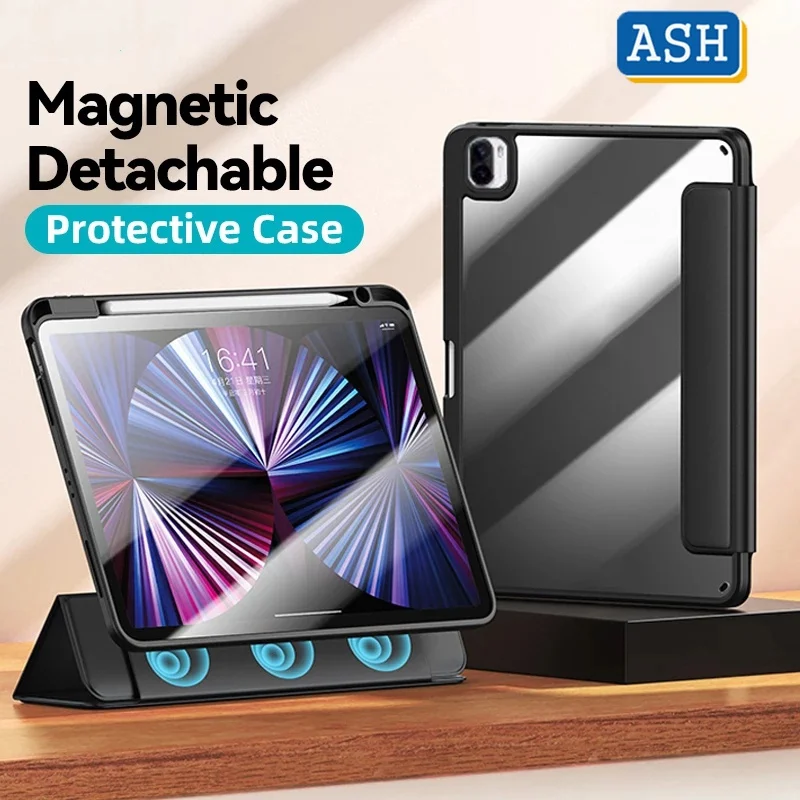 

ASH Detachable Magnetic Case for Nokia T20 10.4" 2021 Trifold Stand Transparent Acrylic Leather Case Cover for Nokia T20