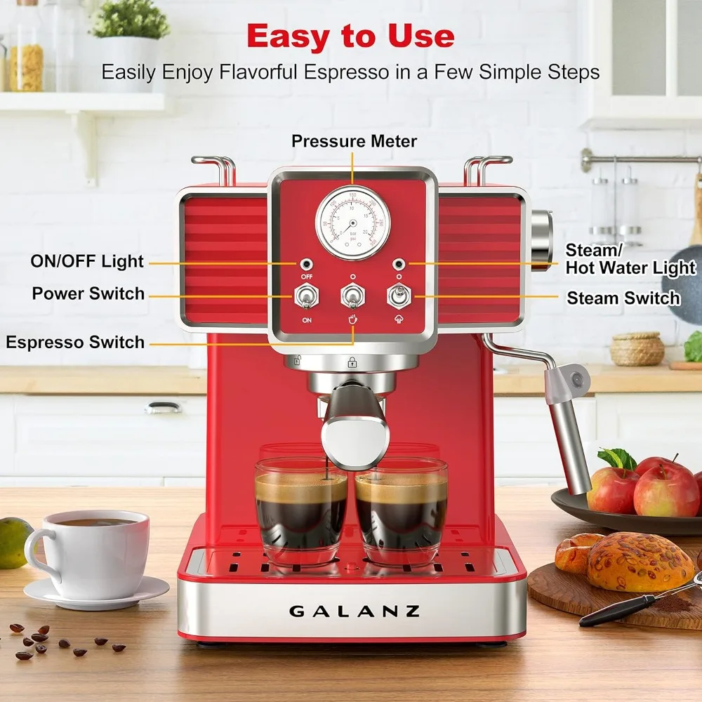 Retro Espresso Machine with Milk Frother, 15 Bar Pump Professional Cappuccino and Latte Machine, 1.5L Removable Water Tank 4