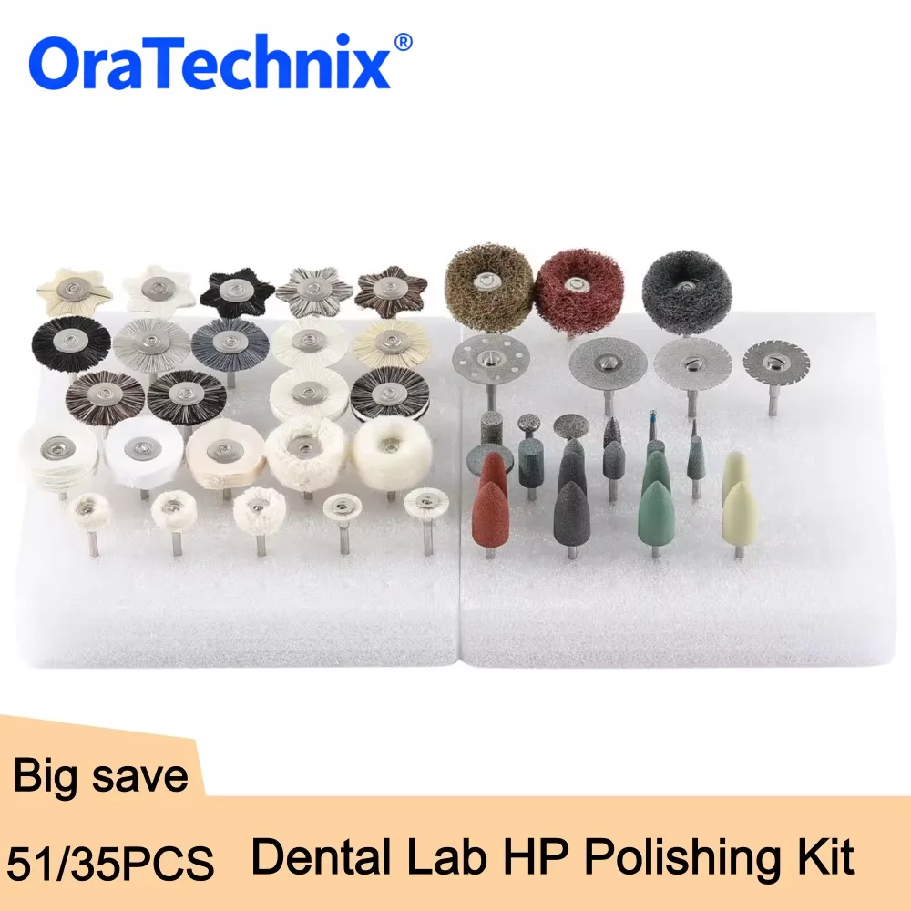 Kit de polissage HP pour laboratoire dentaire, 51/35 pièces, 2.35mm, pour le meulage de la céramique, de la porcelaine, brosses de polissage à basse vitesse, fraises diamantées, outil de dentiste