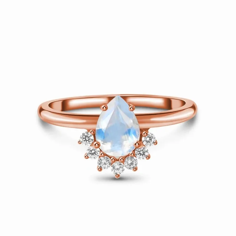 

European and American retro S925 sterling silver rose gold moonstone inverted v micro zircon ring female simple jewelry