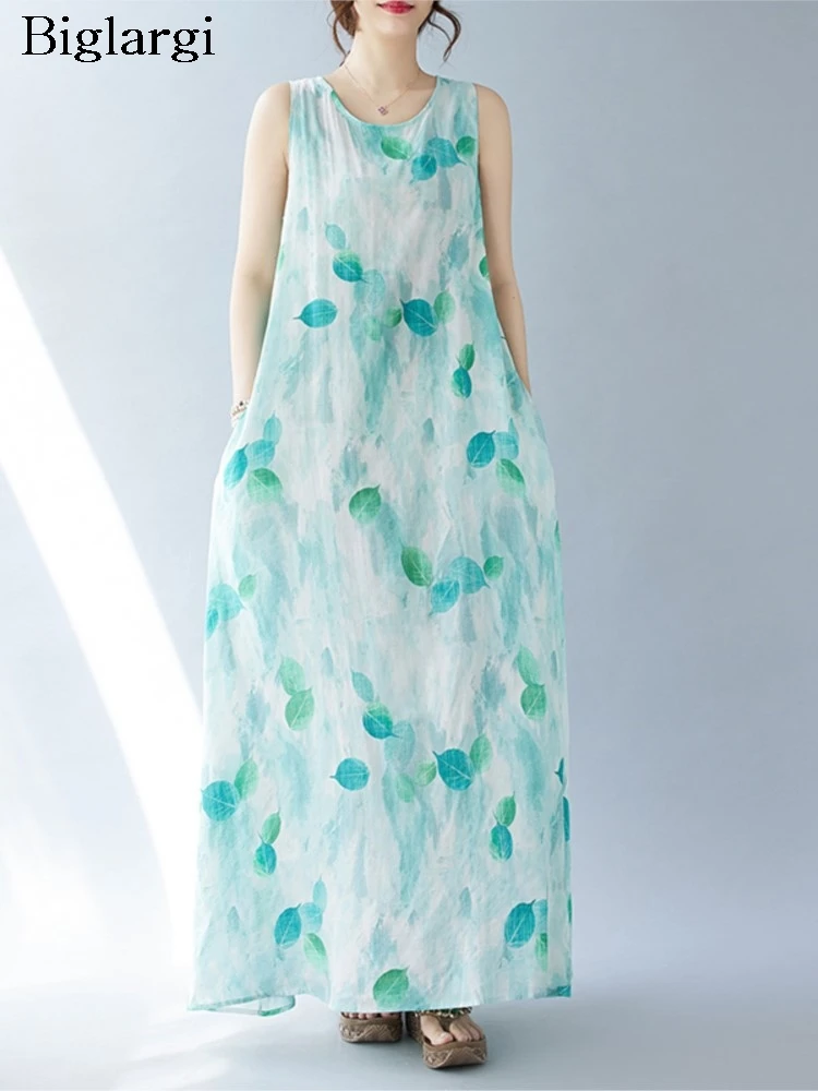 

Женское длинное платье без рукавов, свободное плиссированное платье в богемном стиле с цветочным принтом и оборками, лето