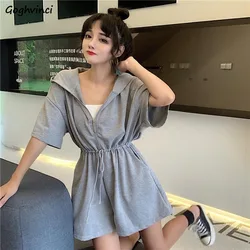 Rompers Women Hooded Solid Zip-up Sashes Elastic-Waist Basic Ins Hot Sale 2XL Casual Popular Korean Simple Chic Soft Streetwear