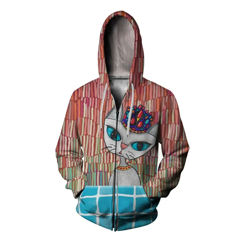 Sudadera con capucha y cremallera con estampado 3D de medusas y gatos para hombre, sudaderas con gráficos de olas y árboles de coco, sudaderas casuales holgadas con capucha de manga larga
