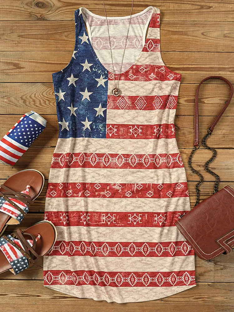 

American Flag Geometric U-Neck Mini Dresses Sleeveless Bodycon Dresses Sexy Outfits Straps Streetwear 2023 Summer Vestidos