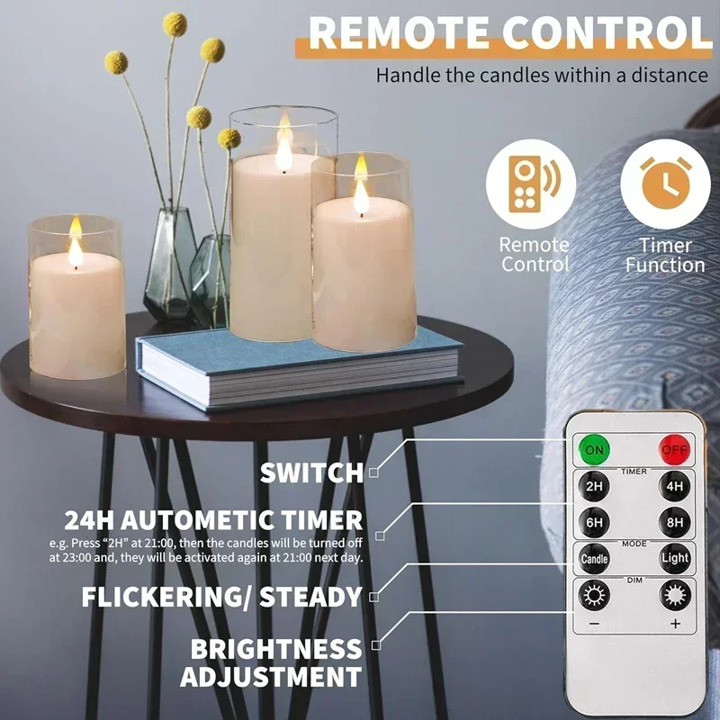 Clear Acrylic Flameless Candles Battery Operated With Remote Timer Flickering Flame Fake Candles For Wedding Halloween HomeDecor