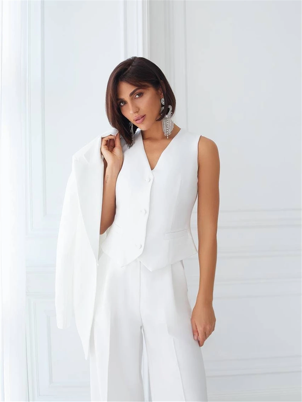 Three Piece Red Solid Suit Set For Women Blazer Wedding Guest Pantsuit Bridal Suit Set Blazer Vest Pants Office Formal Outfit