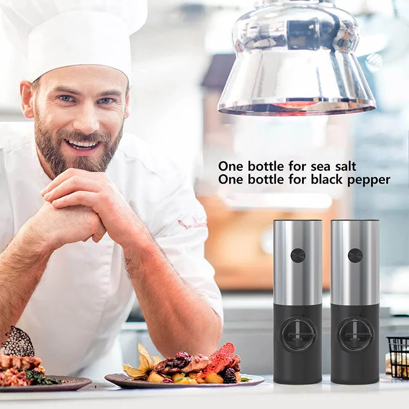 Electric Pepper and Salt Grinder Set Adjustable Coarseness Battery Powered Salt Pepper Mills with LED Light ,One Hand Operation