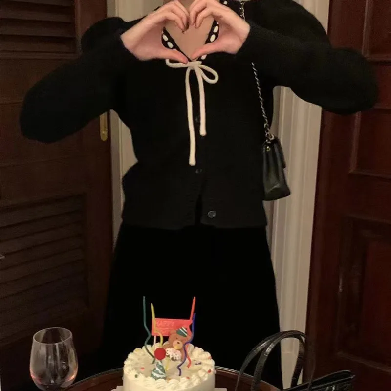 Spring and Autumn Sweet Small Fragrant Style Bow Tie V-Neck Loose Versatile Long Sleeve Knitted Cardigan Sweater