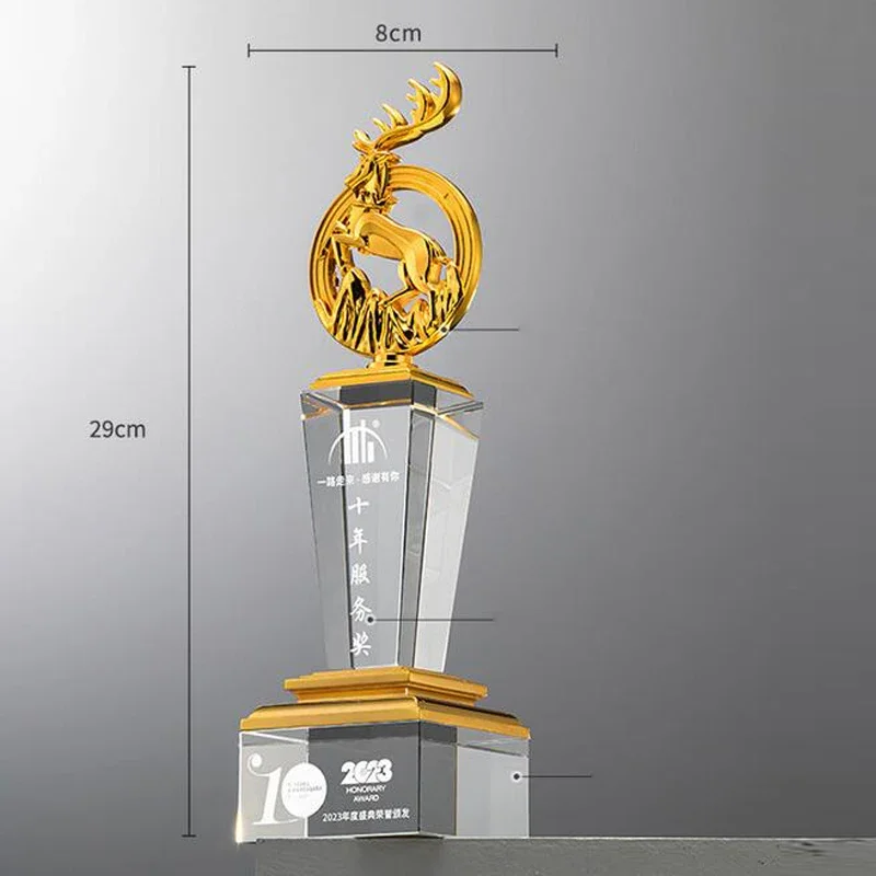 Customized High-end Crystal Trophy, Souvenir Crafts Gift, Home Decoration, Creative Metal Deer Trophies Commemorative Award, 1Pc