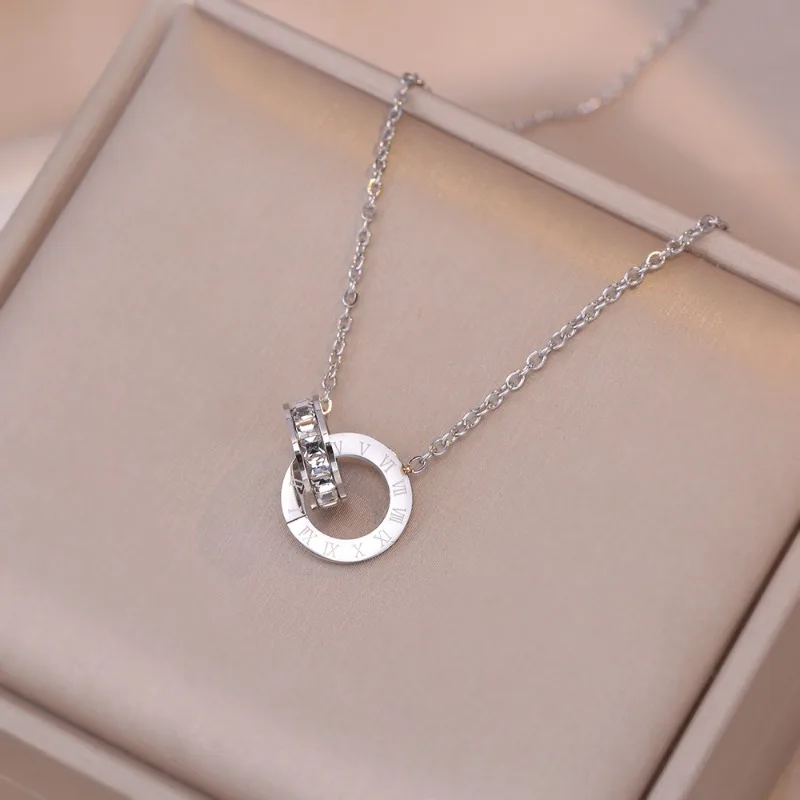 Luxury Elegant Stainless Steel Roman Number Pendant Necklace for Women Zirconia Chain Choker Fashion Charm Female Jewelry