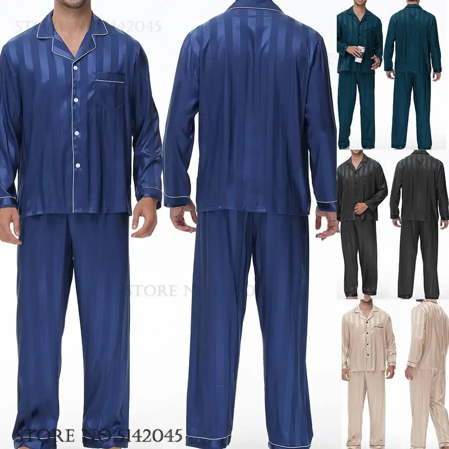 Men Pajamas Sleepwear 2PCS Set Navy Blue Stripes Long Sleeve Trouser Suits Home Clothes Male Loose Silk Satin Pijamas Loungewear