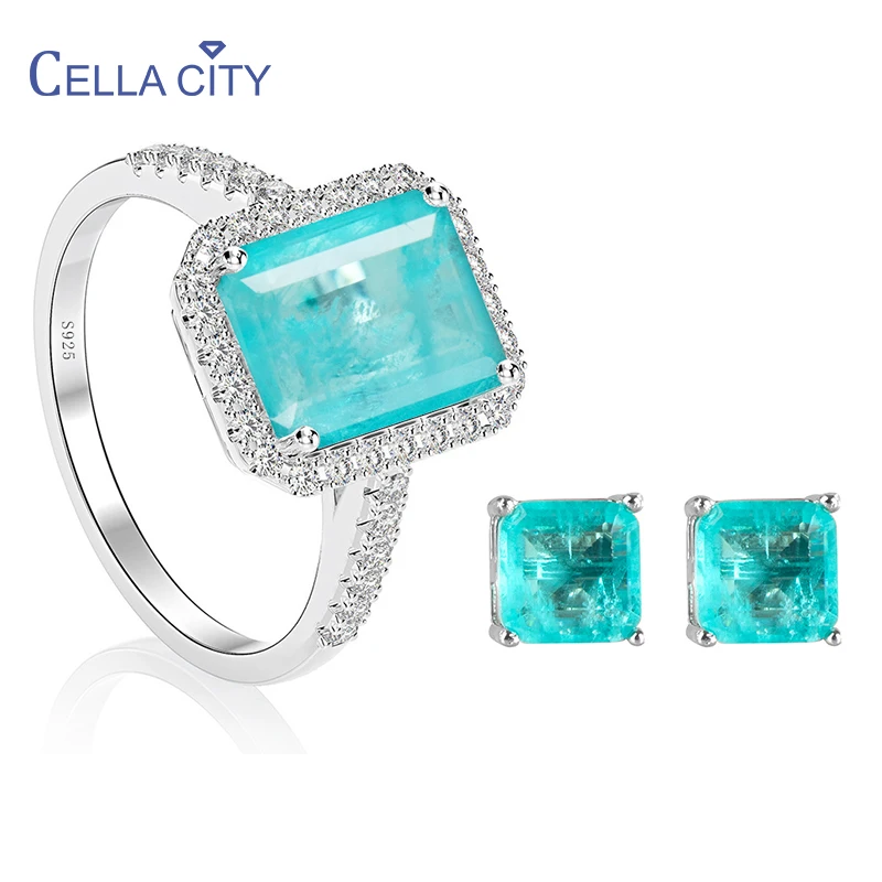 Cellacity Classic Women 925 Sterling Silver Ring Orecchini Set Di Gioielli Con Suqare Paraiba Tourmaline Zircone Set Da Sposa Femminile