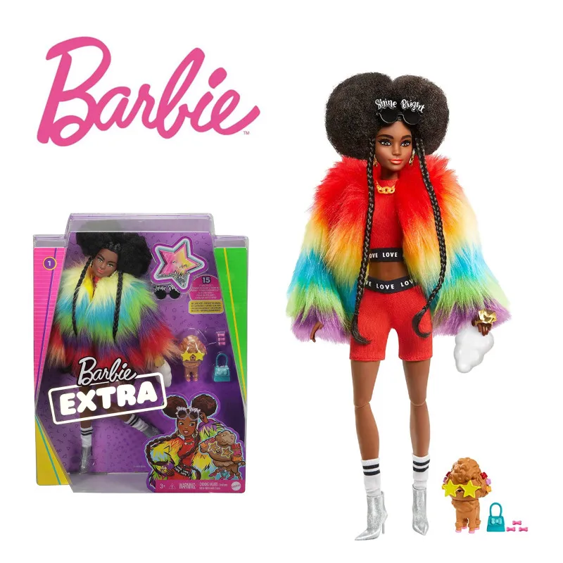 

Barbie Extra Doll #1 In Furry Rainbow Coat Pet Poodle Brunette Afro-Puffs Braids Shine Bright Sunglasses Action Figure Model Toy