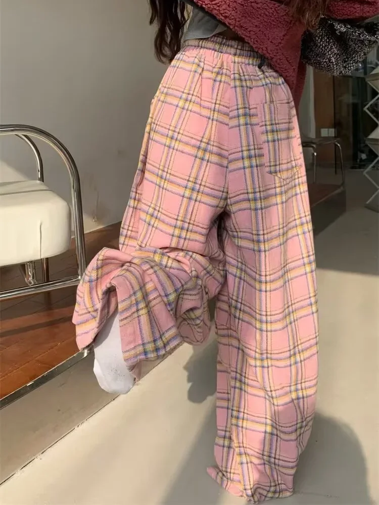 Deeptown Y2K Pink Plaid Pants Women Korean Fashion Winter Wide Leg Checked Trousers Oversized Harajuku Vintage Baggy Sweatpants
