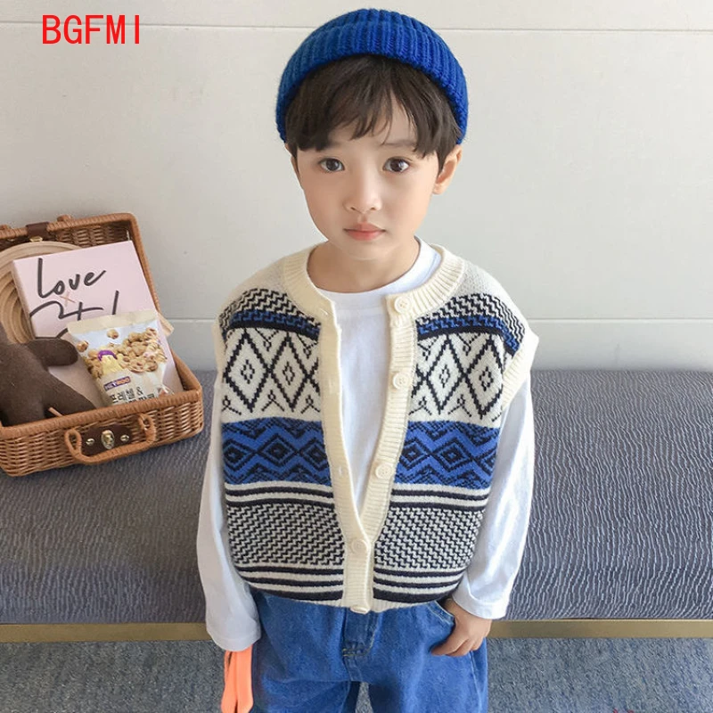 1-10Y 어린이 싱글 브레스트 조끼 스웨터 코튼 조끼 소년 민소매 스웨터 키즈 소년 o-넥 풀오버 뜨개질 조끼 코트