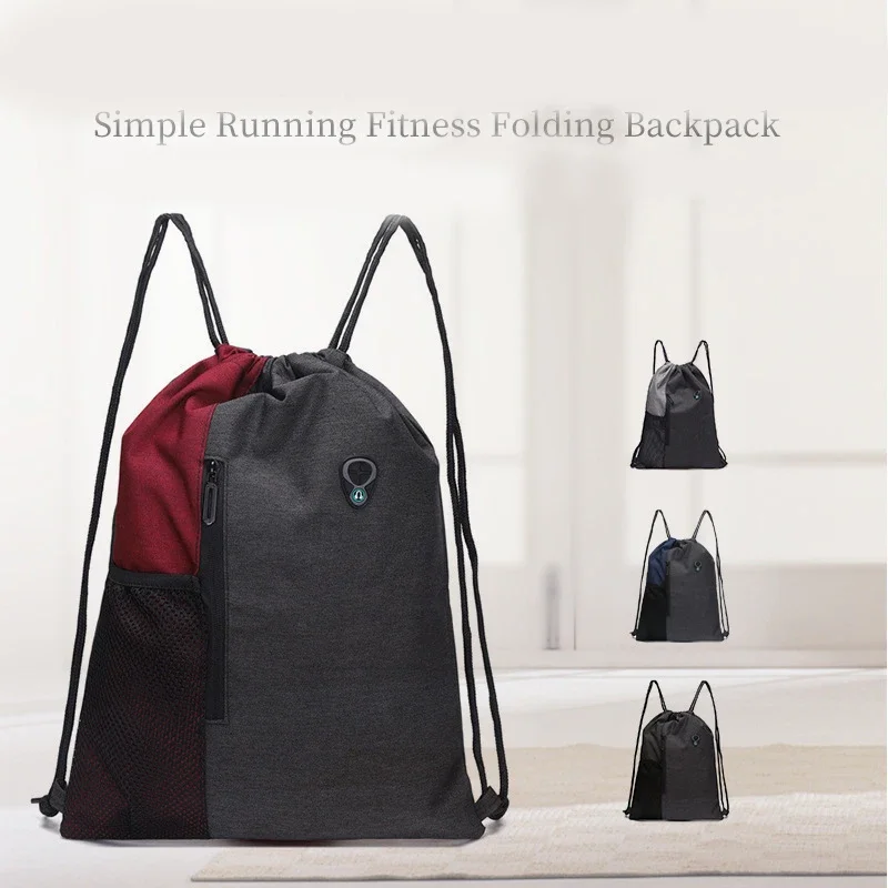 AISEN Zaino con coulisse, impermeabile, per sport, palestra, con scomparto e porta bottiglia d'acqua, grande capacità, zaino in nylon per donne e uomini, Nero , L