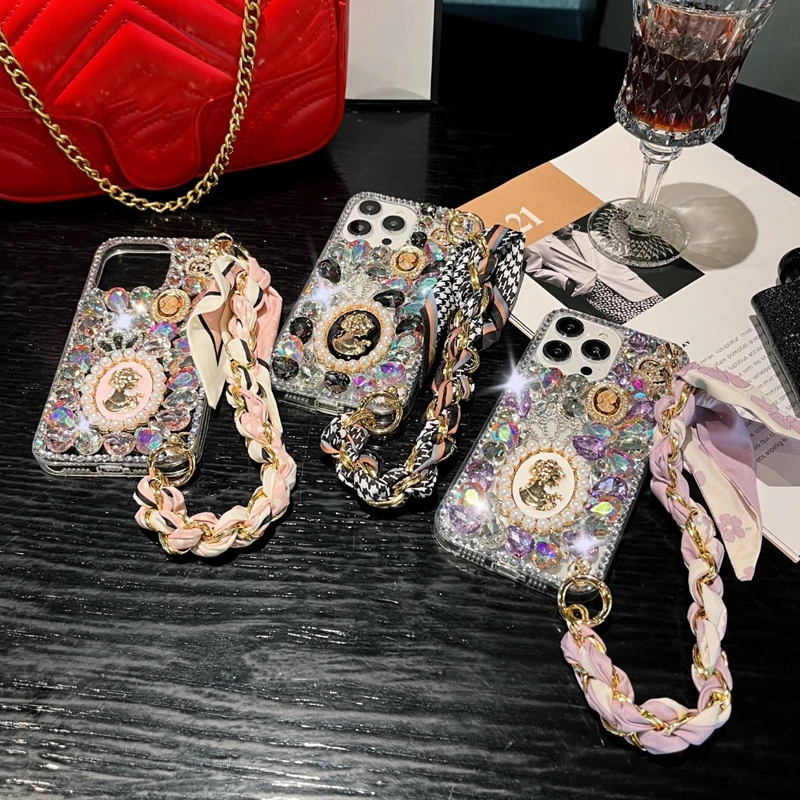 

3D Handmade Glitter Case with Silk Scarf and Wrist Strap, Gem Crystal Diamond Bling, Case for IPhone 15 Pro, 11, 12, 13, 14 Plus