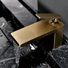 

Solid Brass Bathroom Basin Faucets Sink Mixer Waterfall Taps Hot & Cold Single Handle Deck Mounted Lavatory Crane Brushed Gold